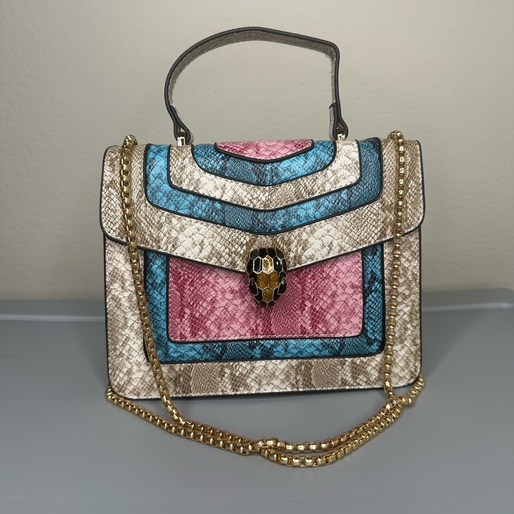 Three Tone Snake Pattern Purse (Blue, Pink, Beige)